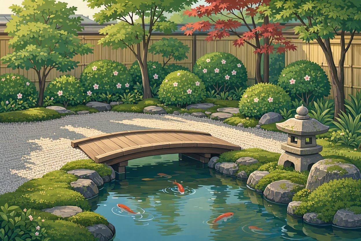 日本庭園の小橋と池