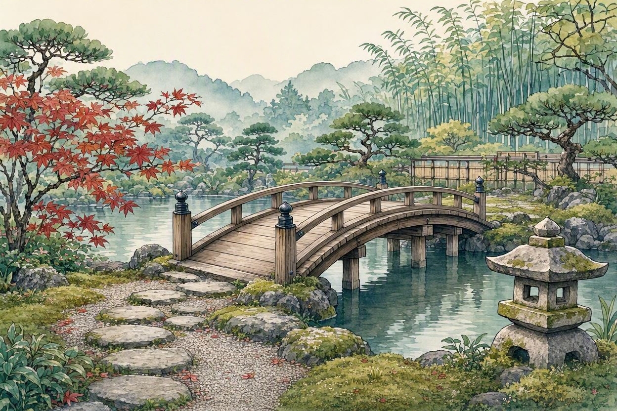 木橋と紅葉の日本庭園