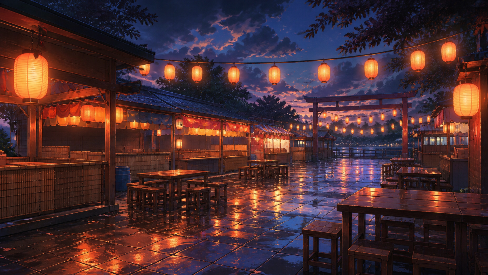 雨上がりの夜、提灯が灯る飲食店の広場