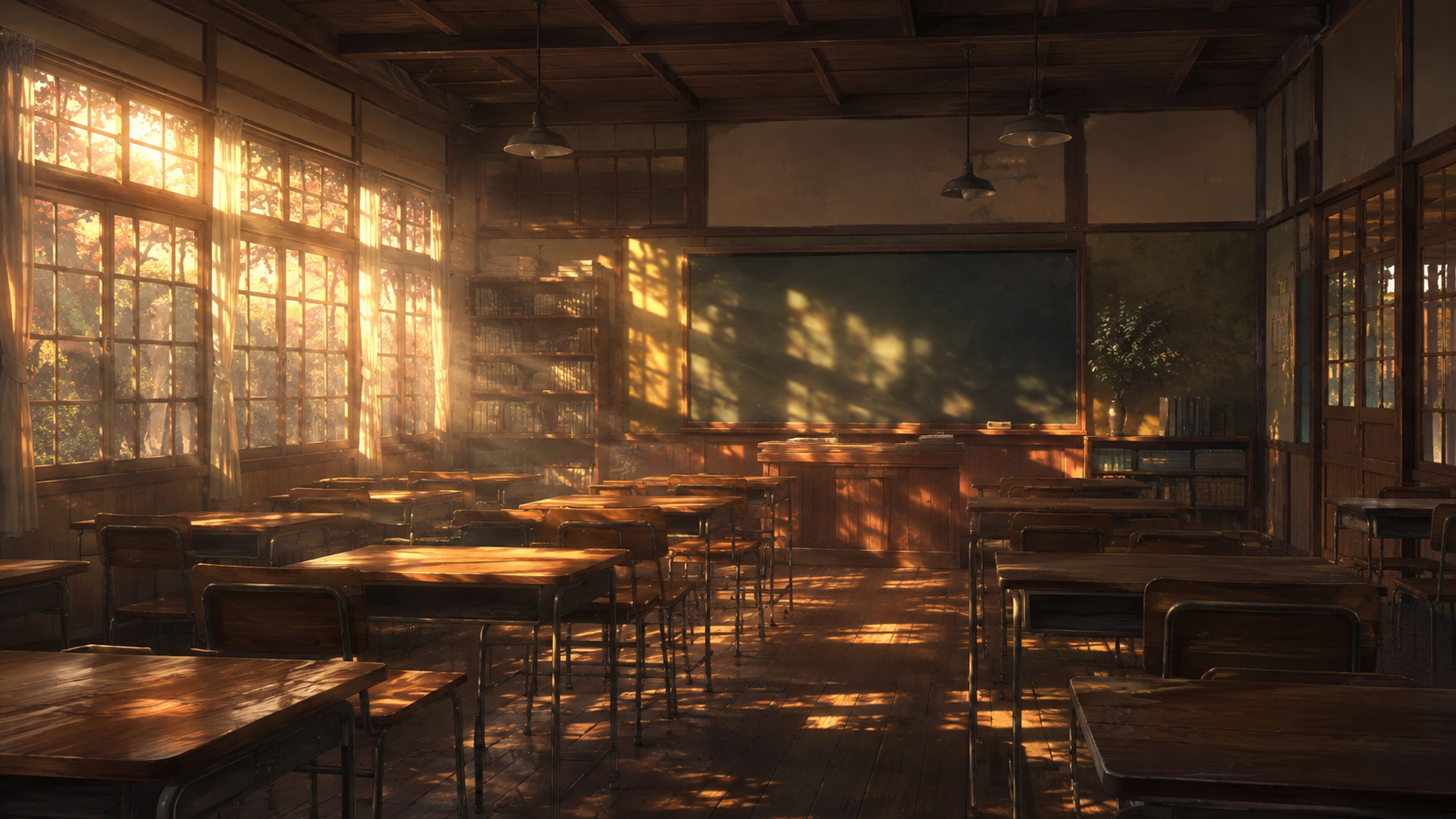夕日に照らされた古き教室の内部