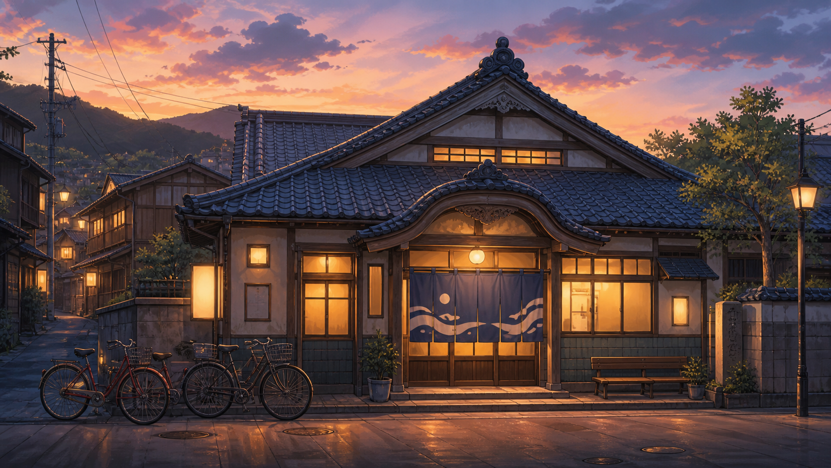 日本家屋・街・夕焼けの背景素材