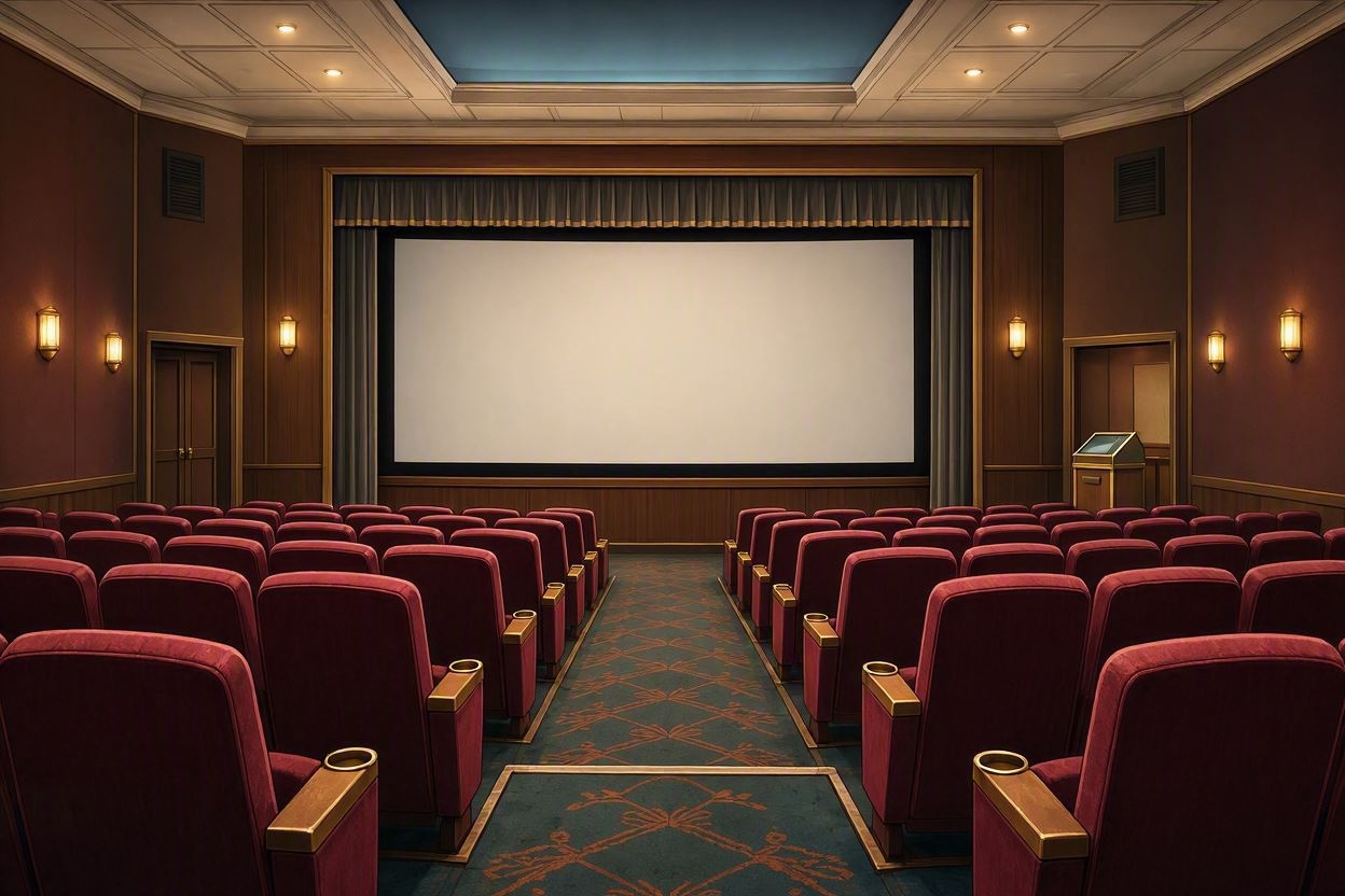 映画館のスクリーンと赤い座席