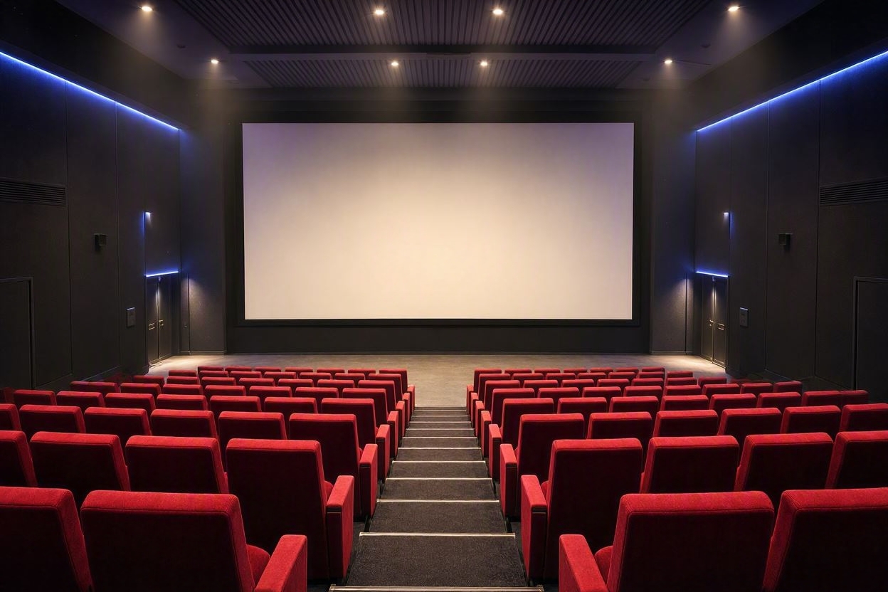 映画館のスクリーンと赤い座席の配置