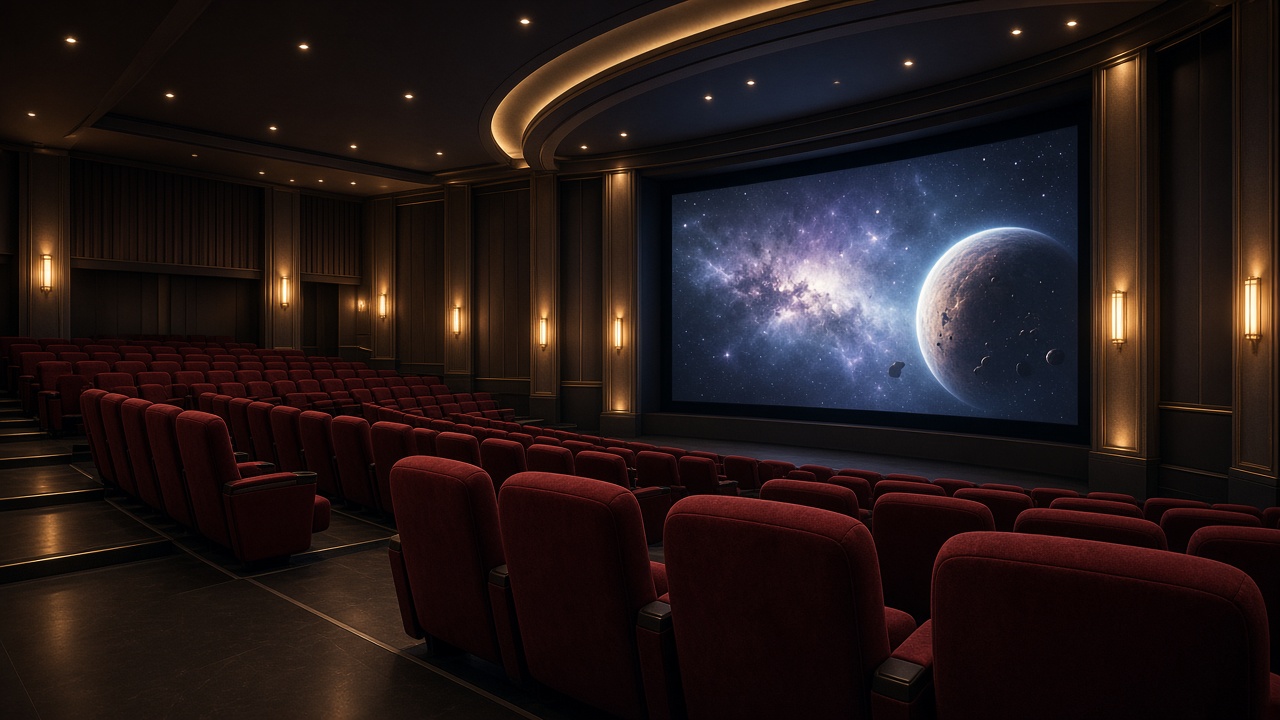 映画館内に宇宙の星空と惑星が映る大画面