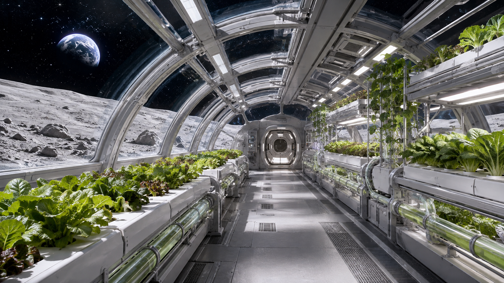 月面の宇宙施設内、植物が栽培されている通路
