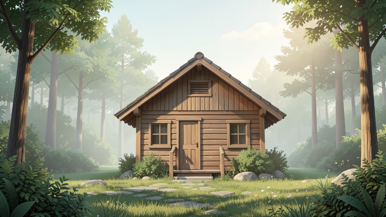 木造小屋と周囲の緑豊かな森