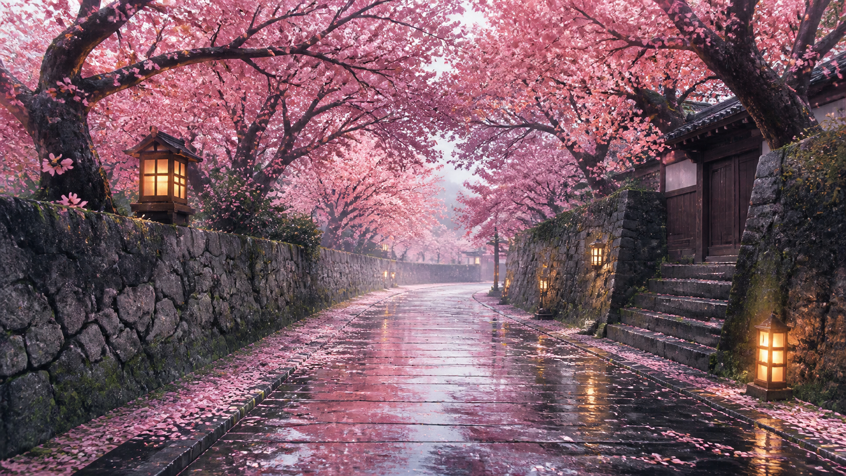 雨上がりの桜並木道