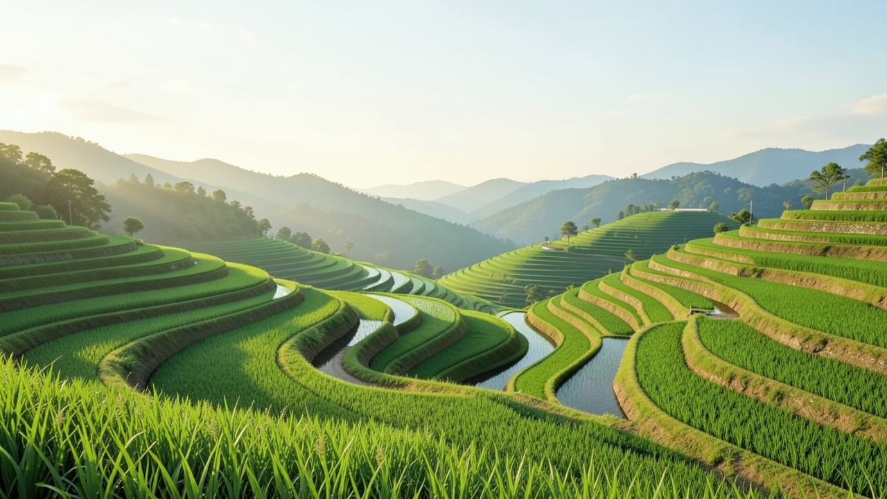 緑色の梯田と山々の風景