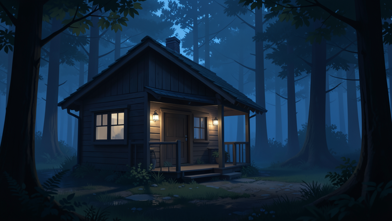夜の森に佇む木造小屋