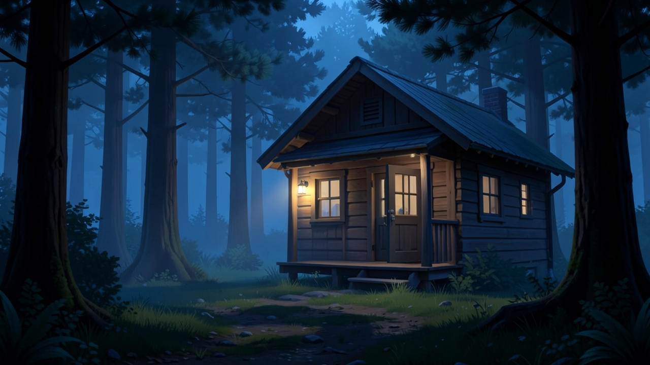 夜の森に佇む木造小屋