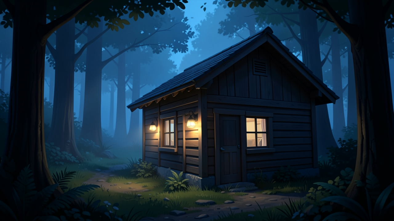 夜の森に佇む木造小屋の灯り