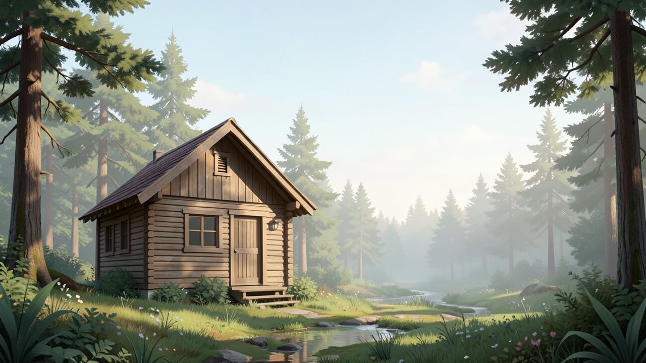 森の中の木造小屋と小川