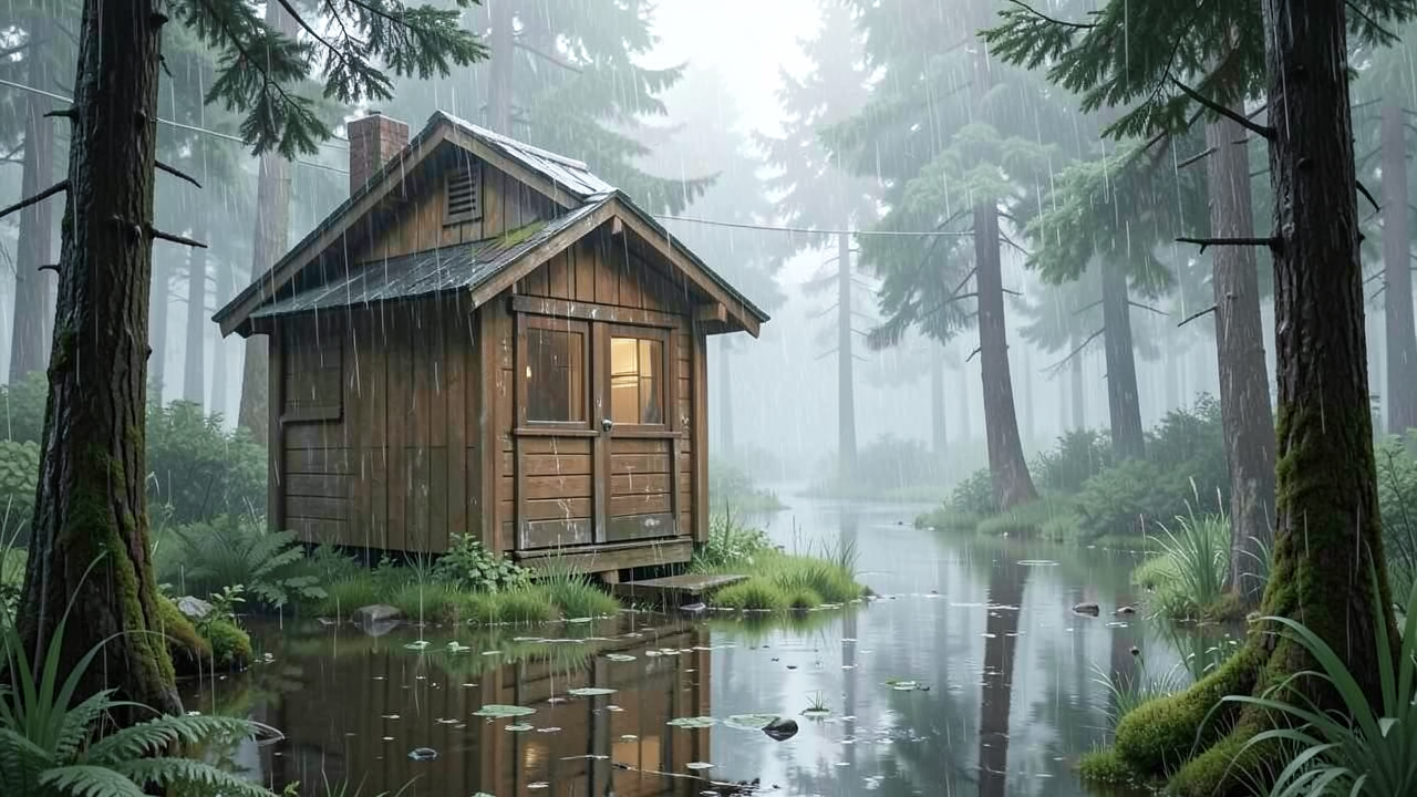 雨が降る森の中の木造小屋