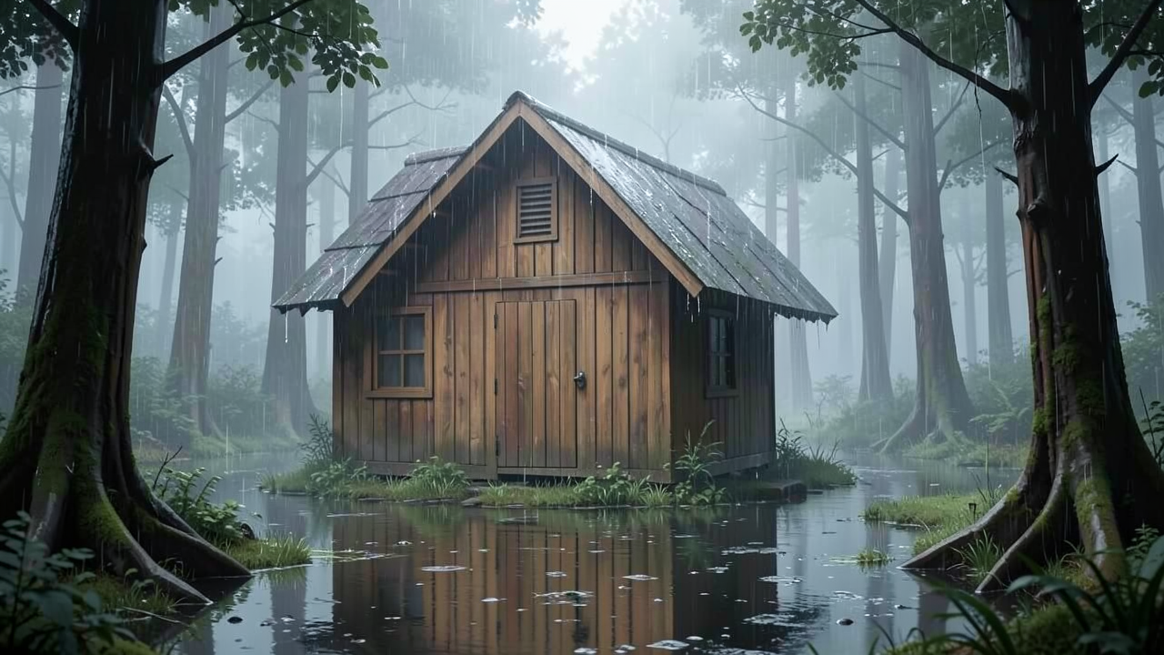 雨が降る森の中の木造小屋