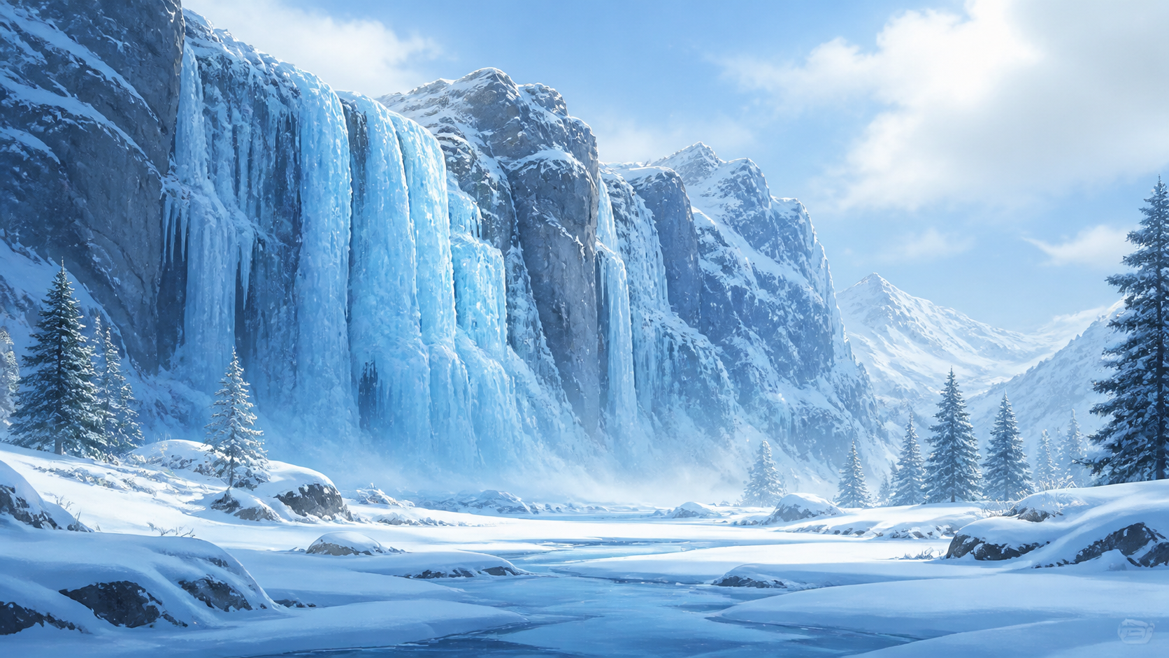 氷の滝と雪原の風景