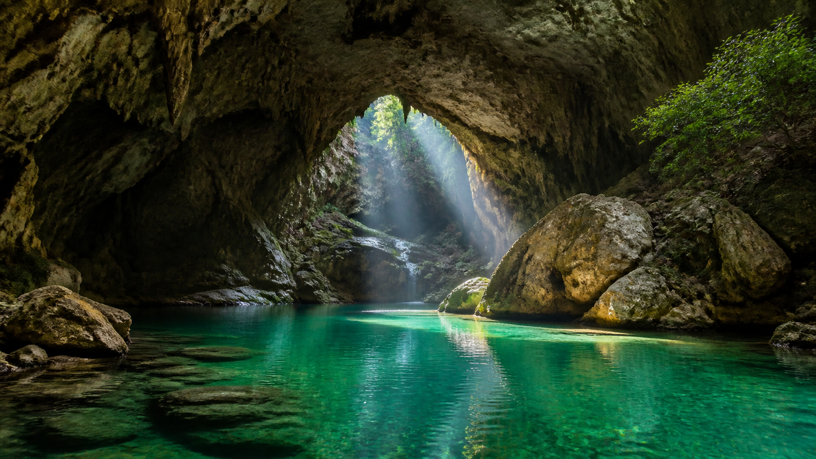 洞窟・水・岩の背景素材