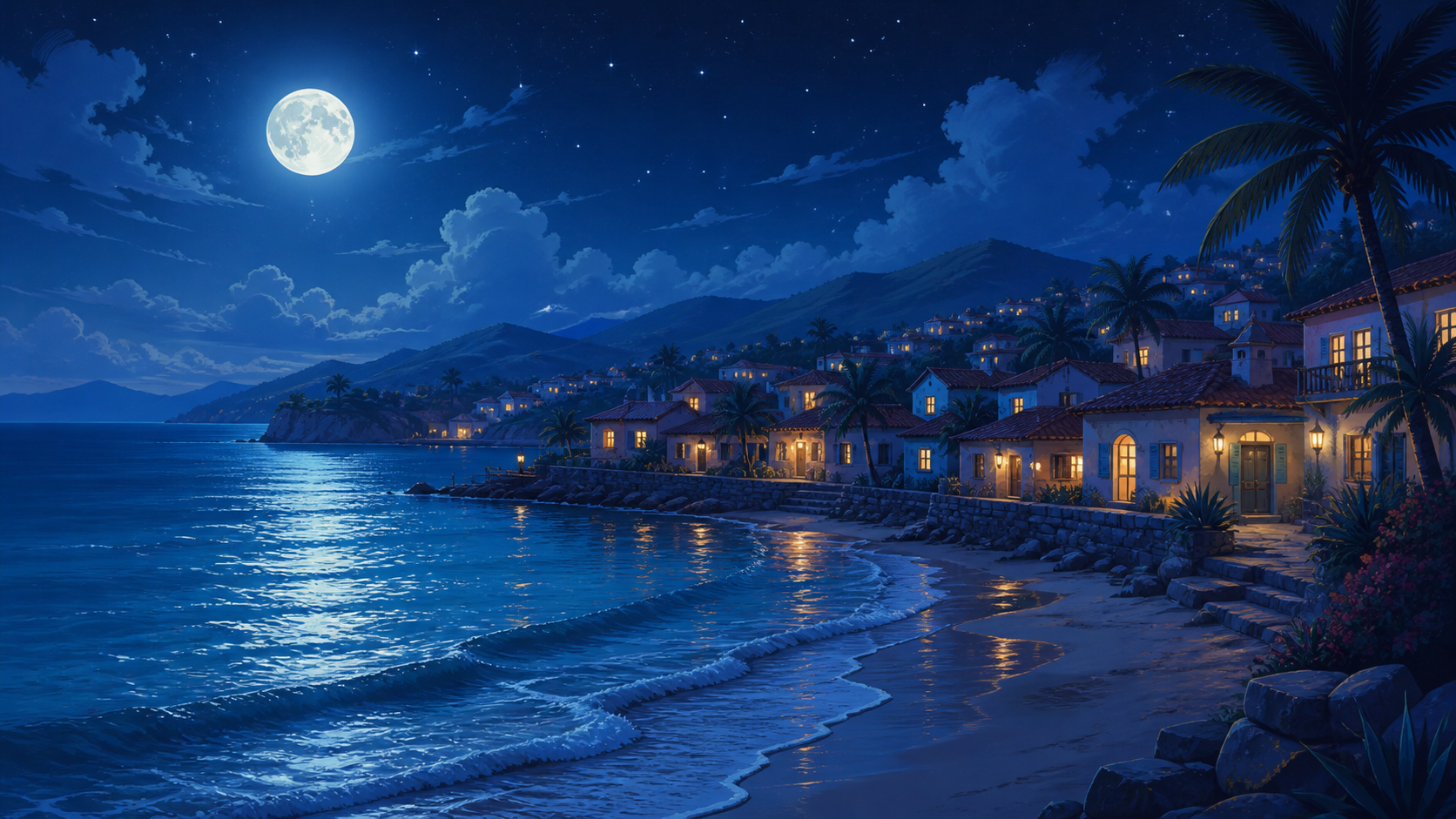 海・夜・町の背景素材