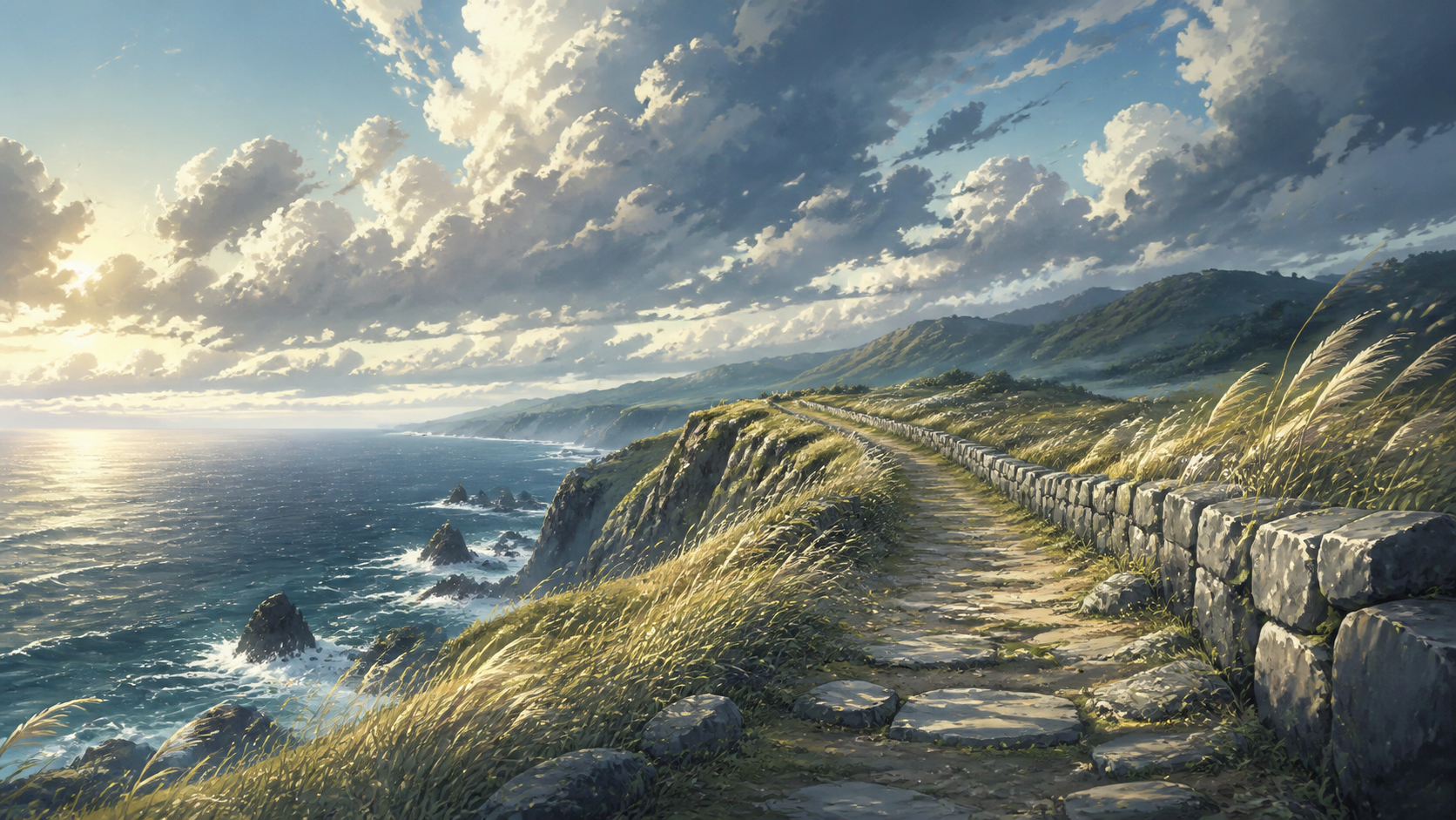 崖の上を石畳の道が海へと続く風景