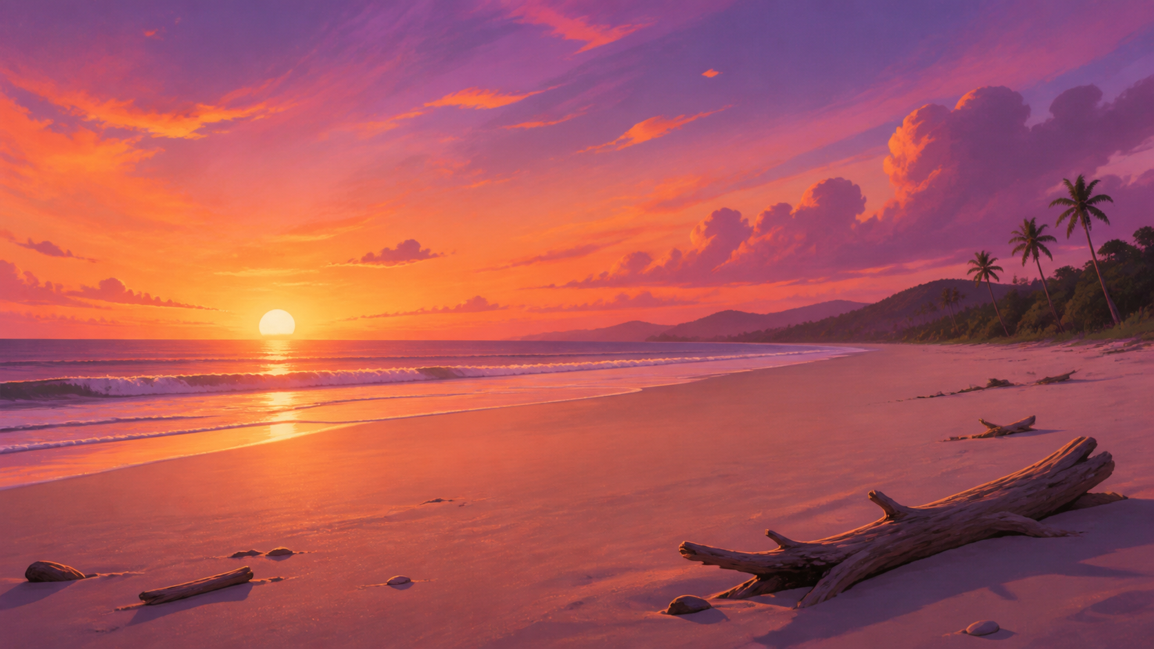 海・砂浜・夕日の背景素材