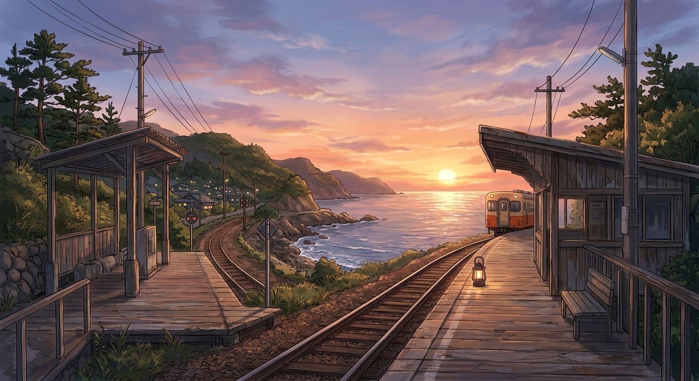 海岸沿いの駅と夕焼けの空