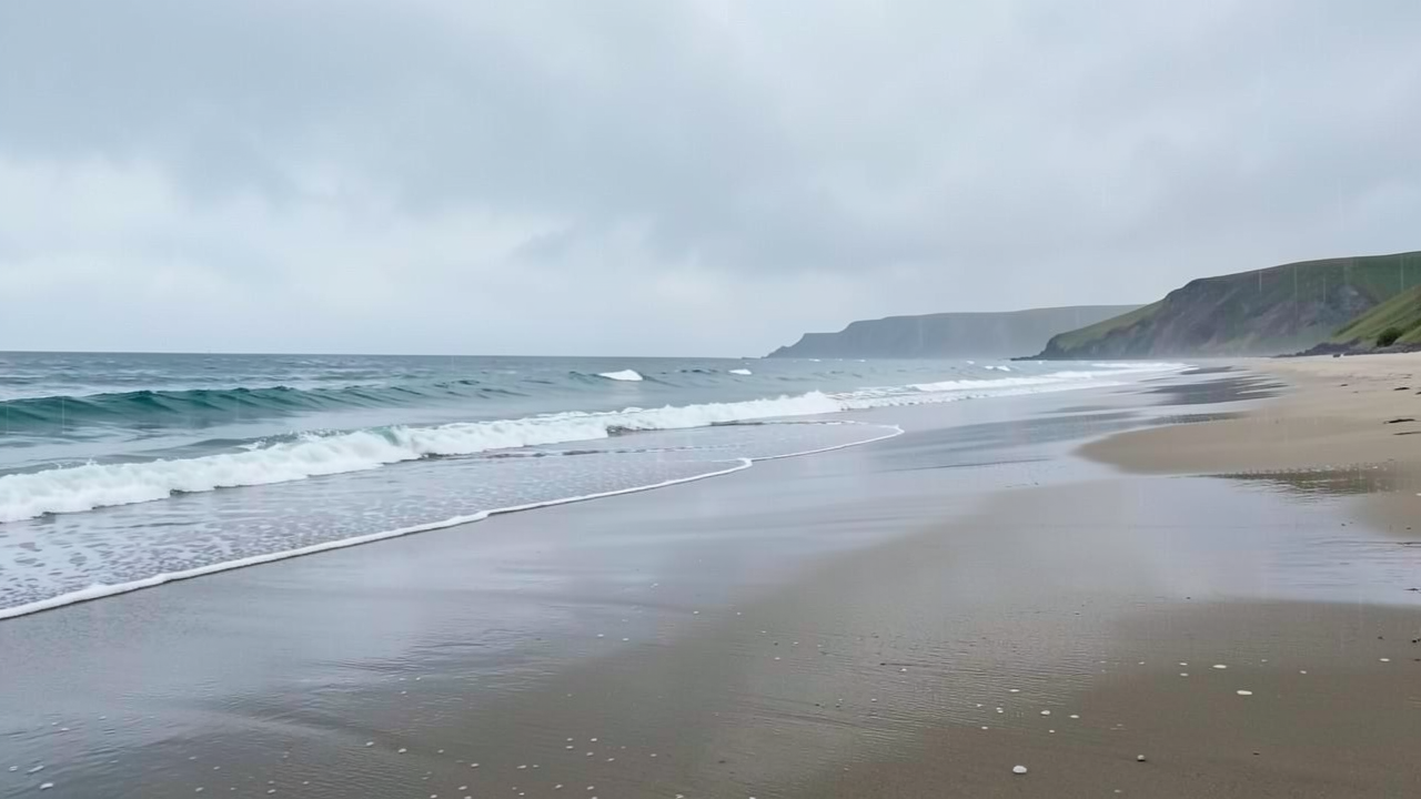 曇り空の下、波打ち際の砂浜
