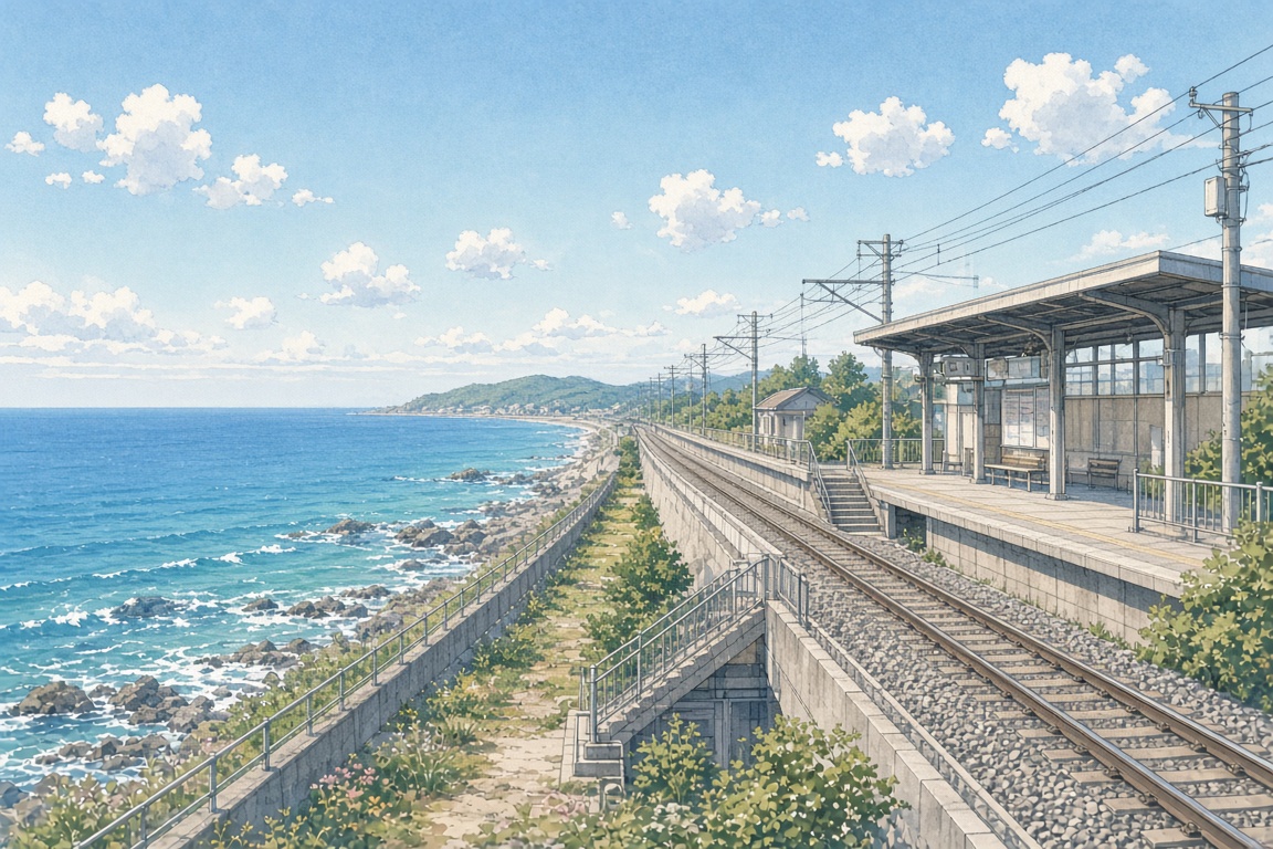 海岸線に沿った鉄道駅の風景