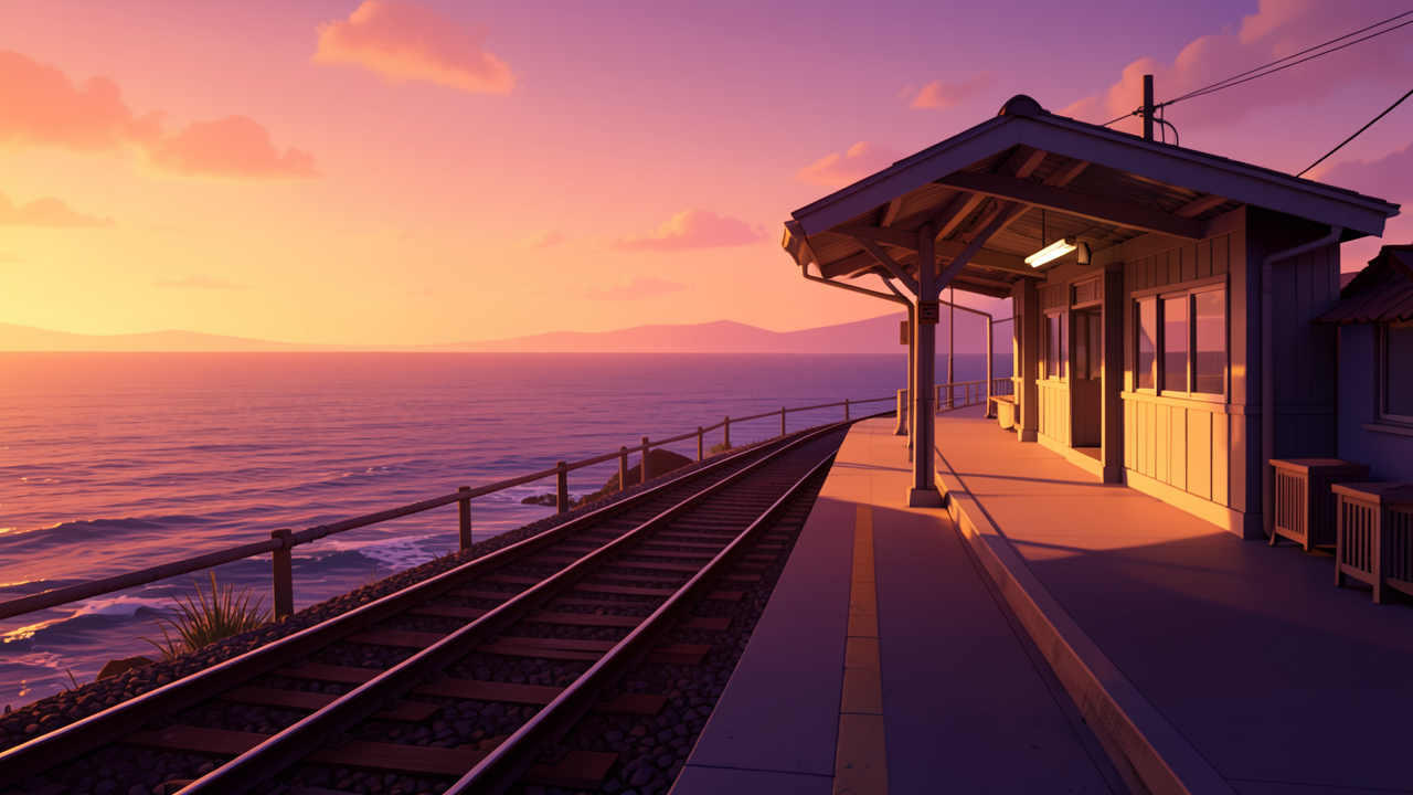 夕焼けの海辺駅のプラットフォーム