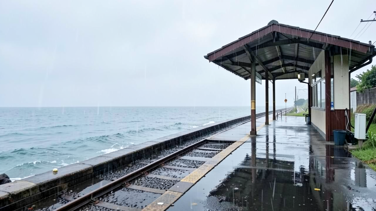 雨の中、海と駅のプラットフォーム