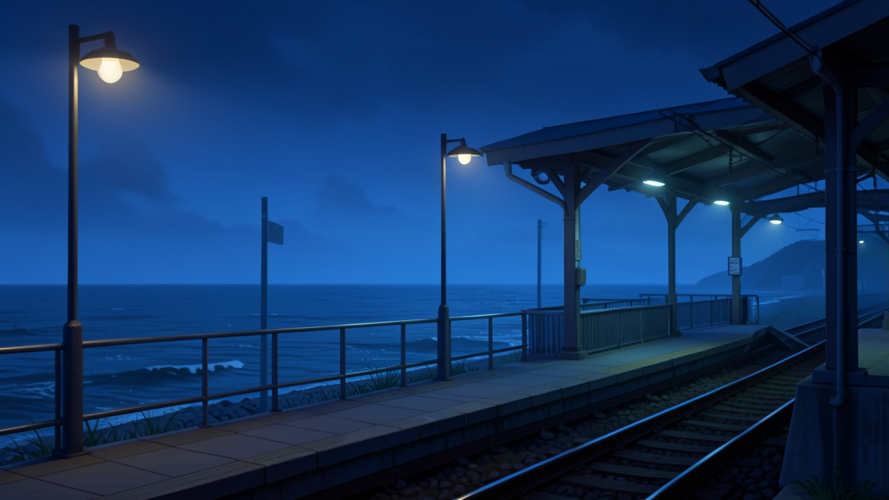 海辺の駅の夜景