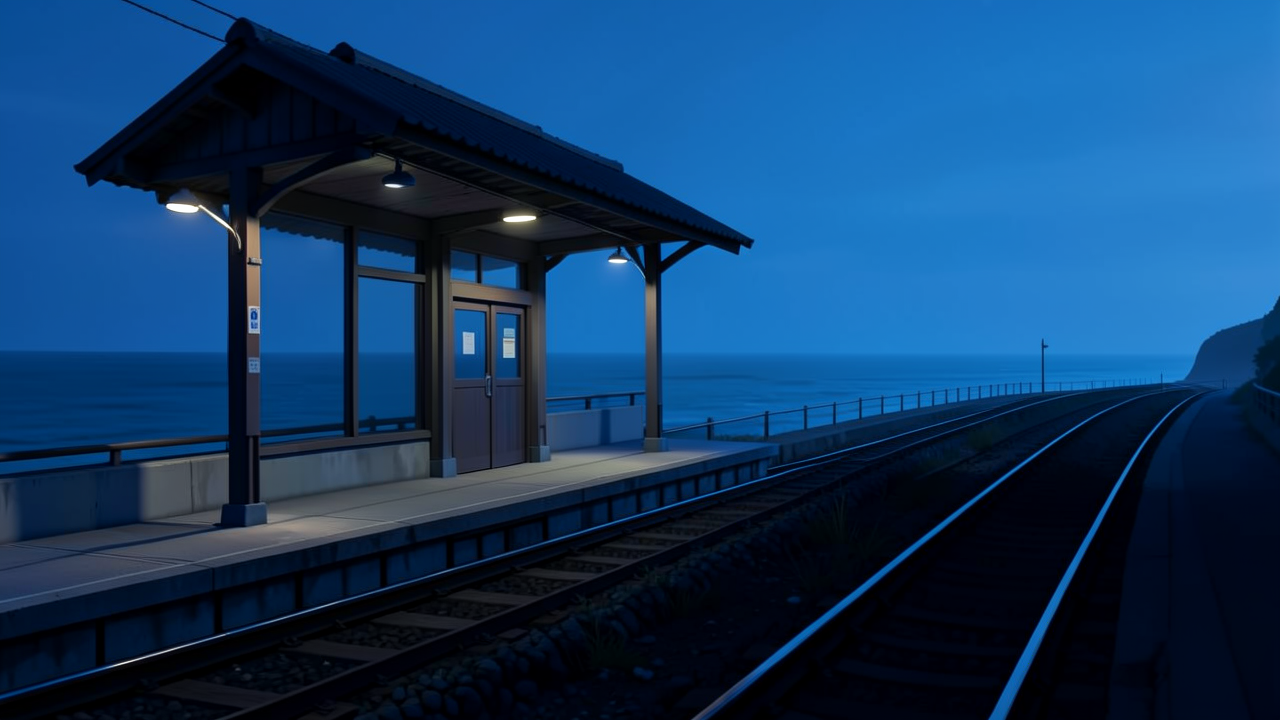 海辺の駅舎と鉄道の夜景