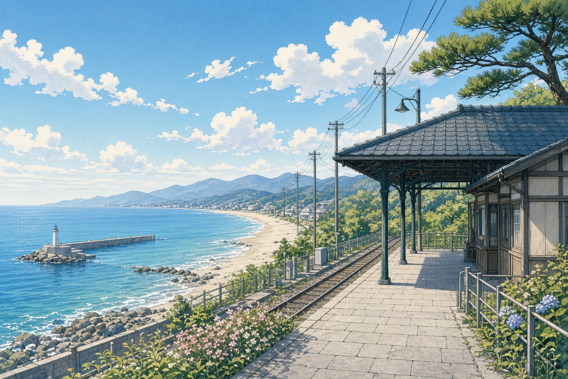 海辺の駅のプラットフォームと青い海
