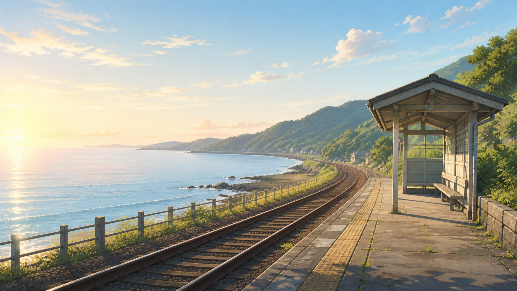 海辺の駅ホームと曲がる鉄道