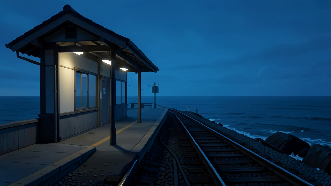 海辺の駅舎と鉄道線路の夜景