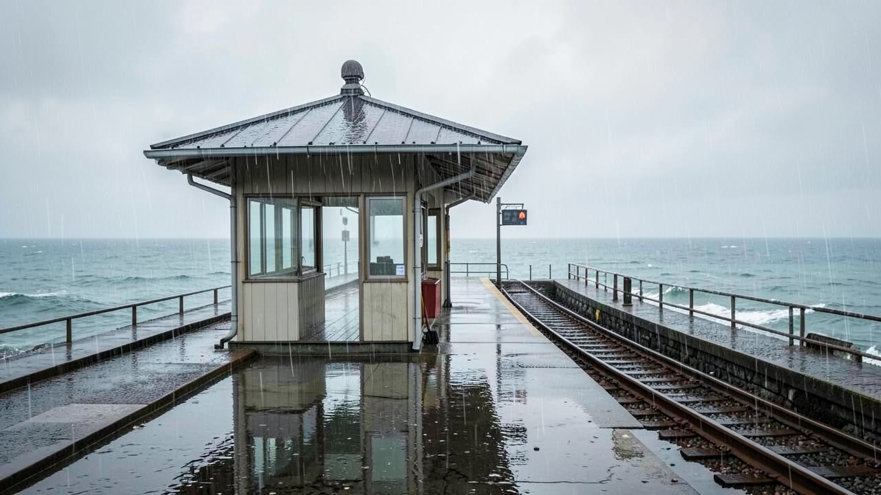 雨が降る海辺の駅舎と鉄道