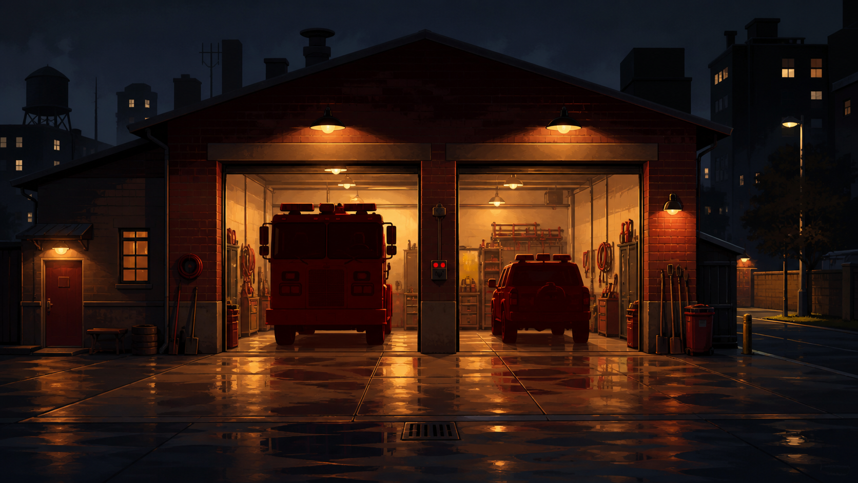 消防署・火車・夜の背景素材