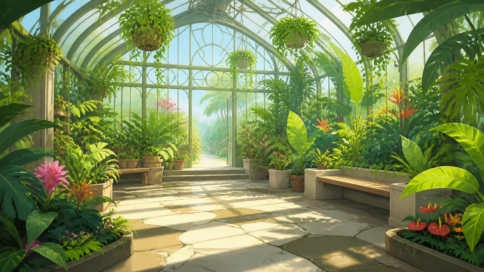 温室・植物・ベンチの背景素材