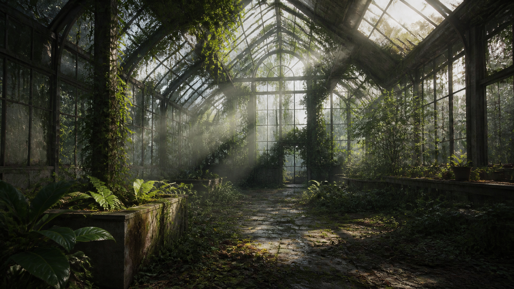 温室・植物・石畳の背景素材