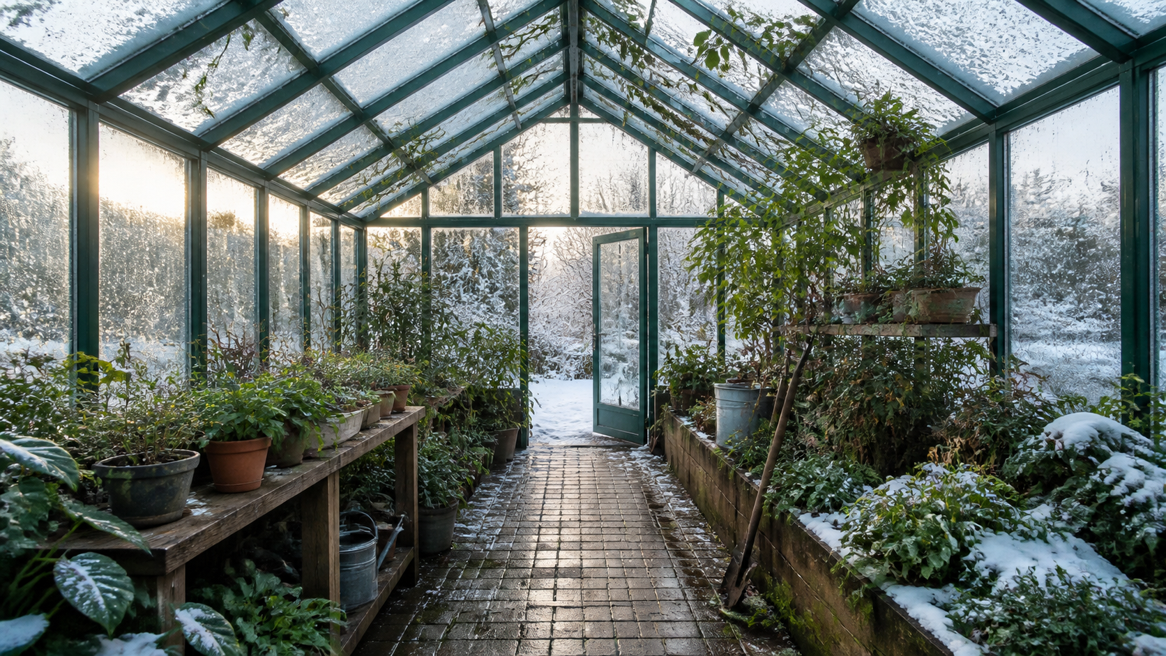 温室・植物・雪の背景素材