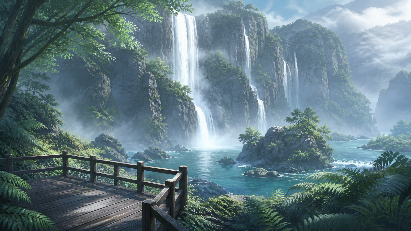 滝と木々の森の風景