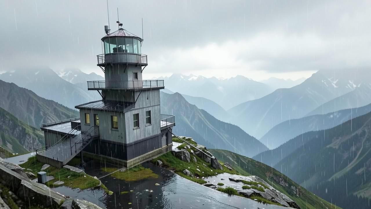 雨が降る山頂の灯台
