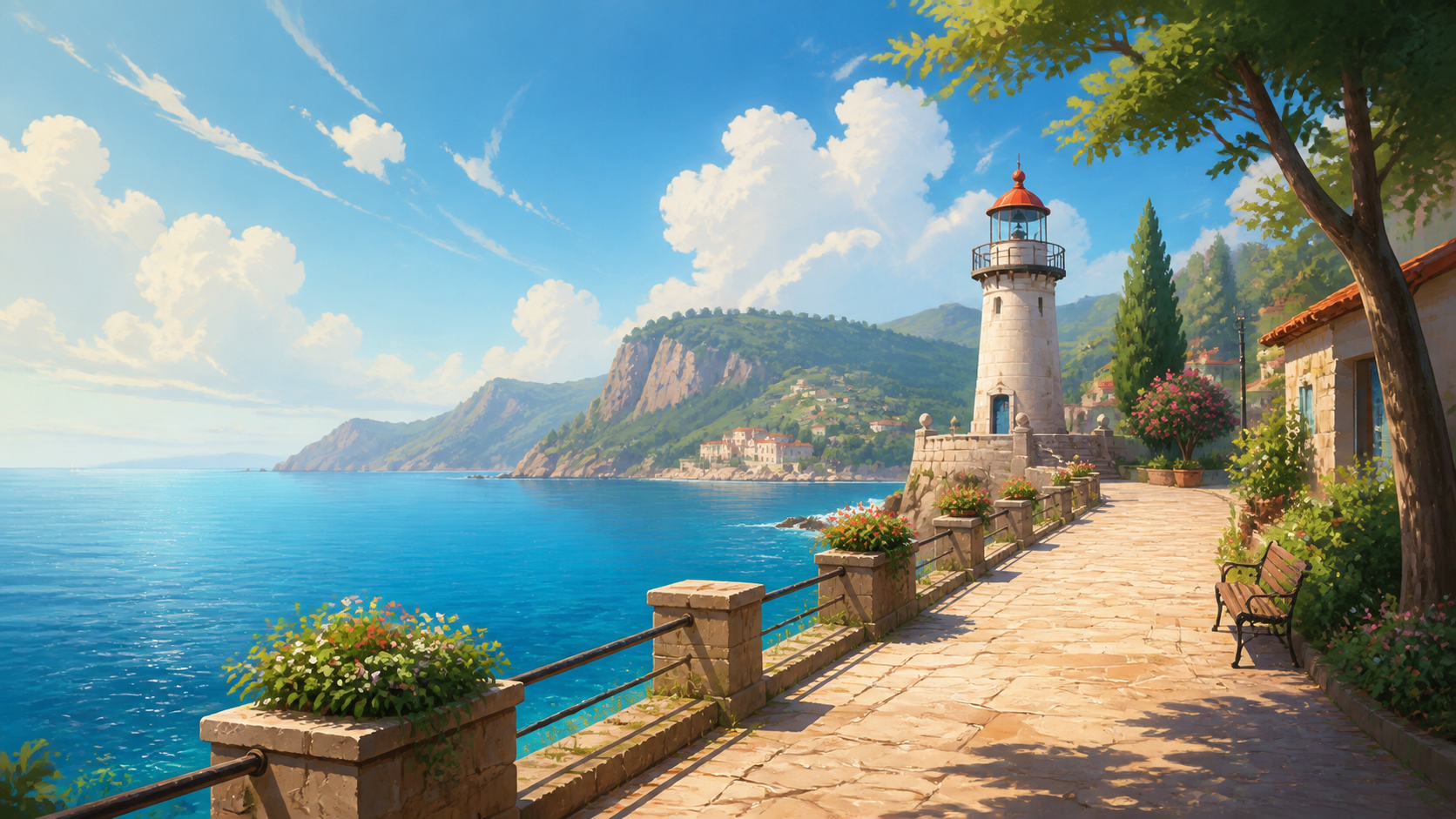 灯台・海・山の背景素材