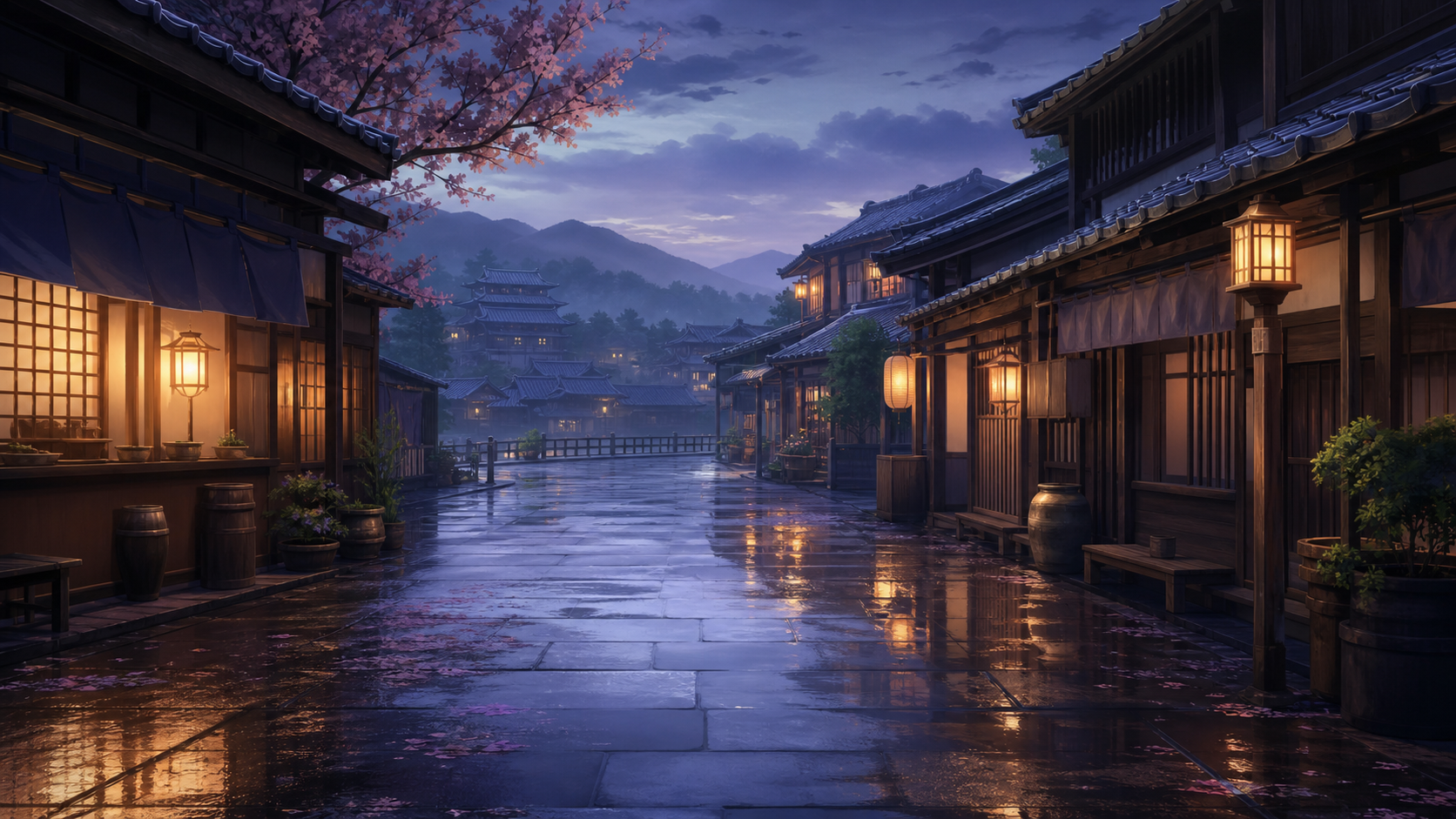 町・夜・雨の背景素材