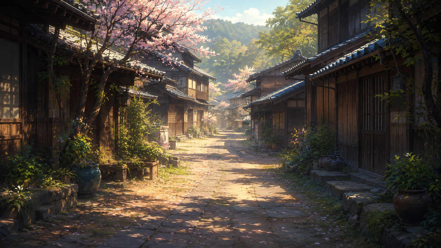桜の花が咲く町並みの道