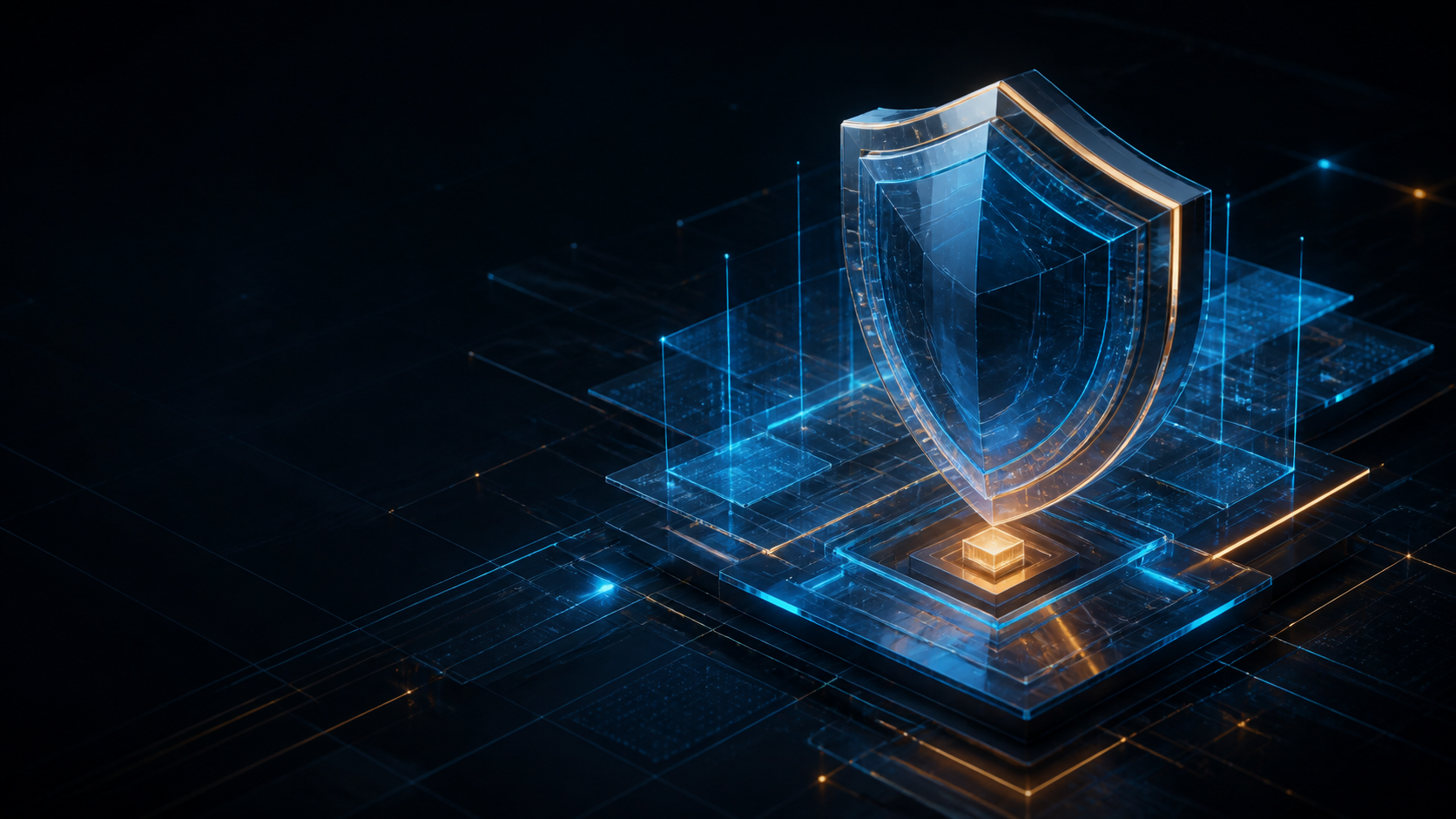 青い光の盾とデジタル基盤のイラスト