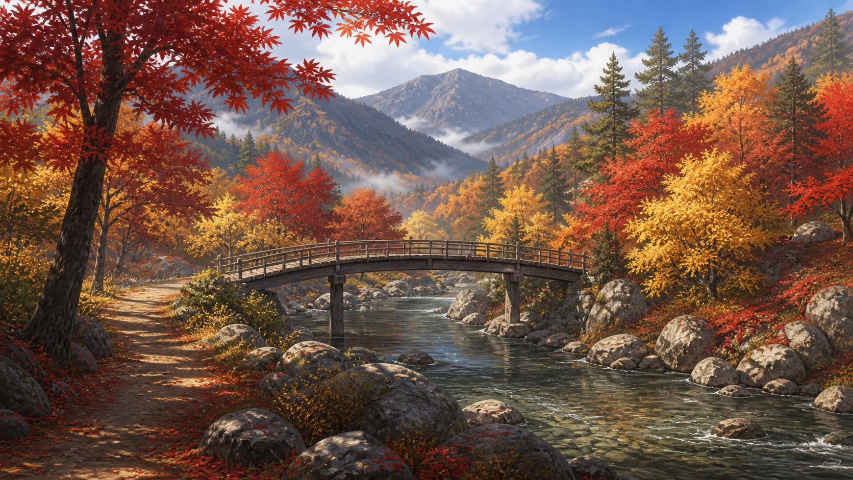 紅葉の木々と山々を背景にした木橋と川