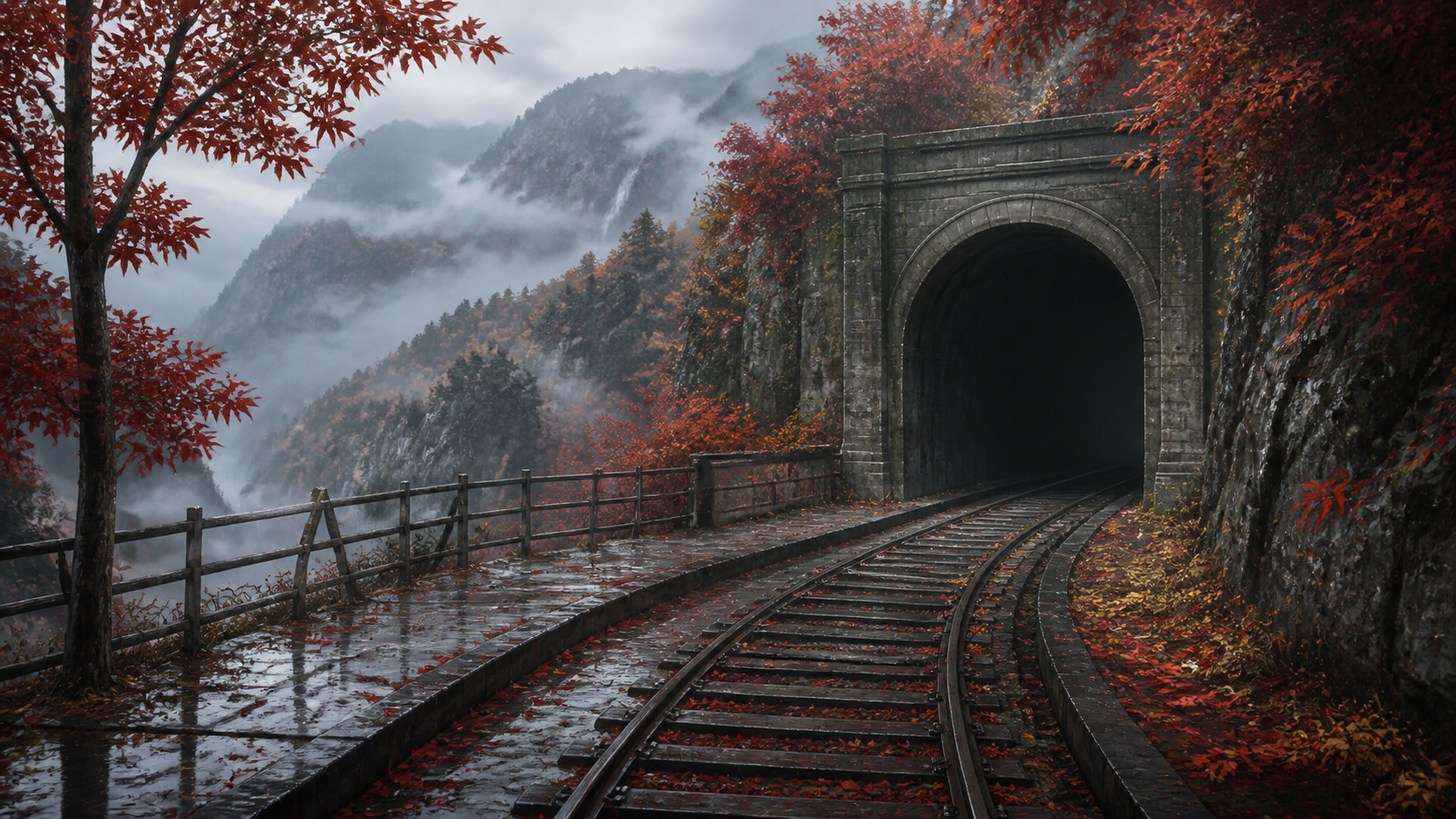 雨上がりの山間鉄道トンネルと紅葉