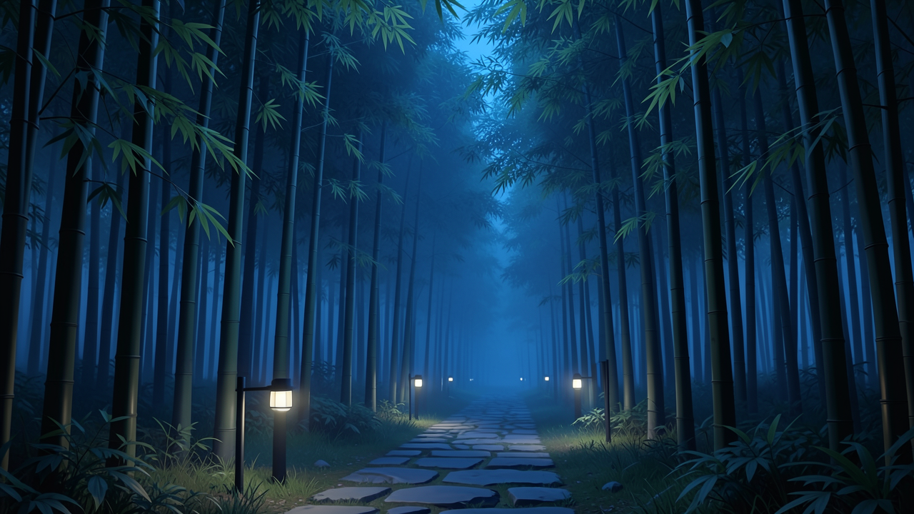 夜の竹林小径に灯りが点在