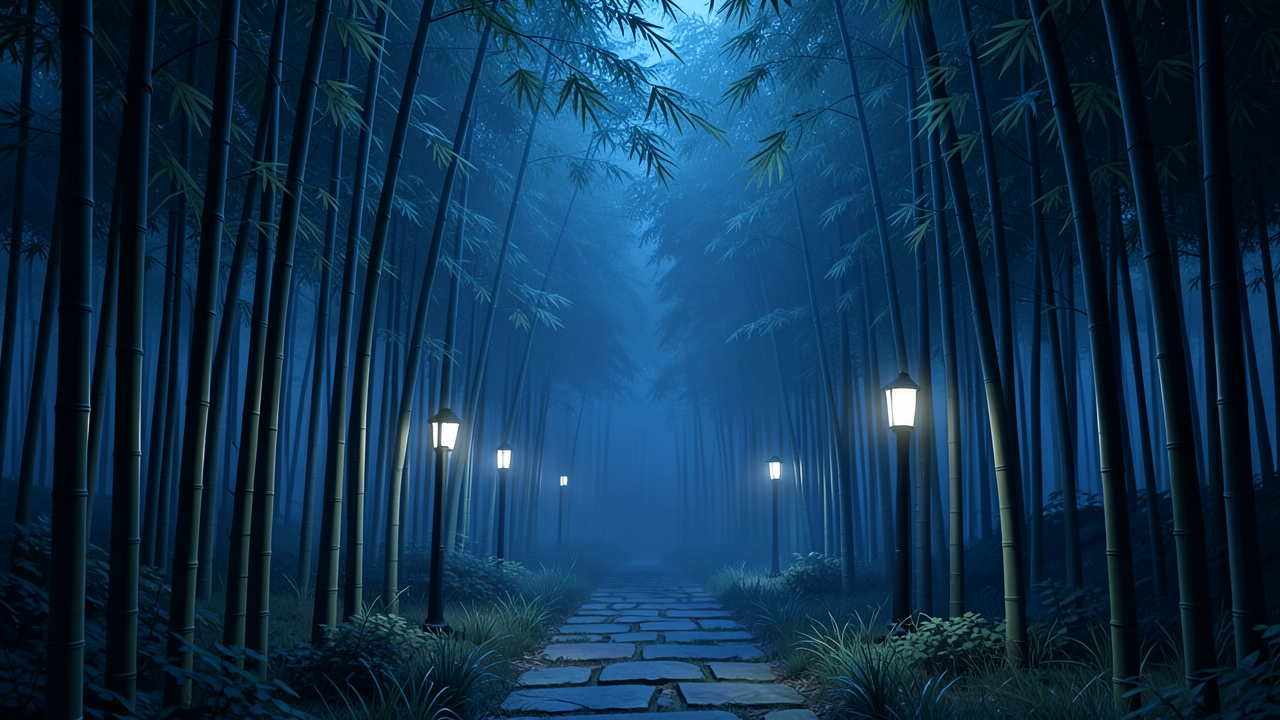 夜の竹林を照らす石畳の道