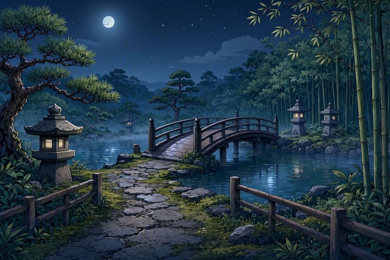 月明かりの下、石畳の道と竹林、橋の夜景