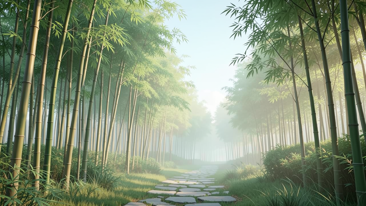 竹林の中の石畳の道